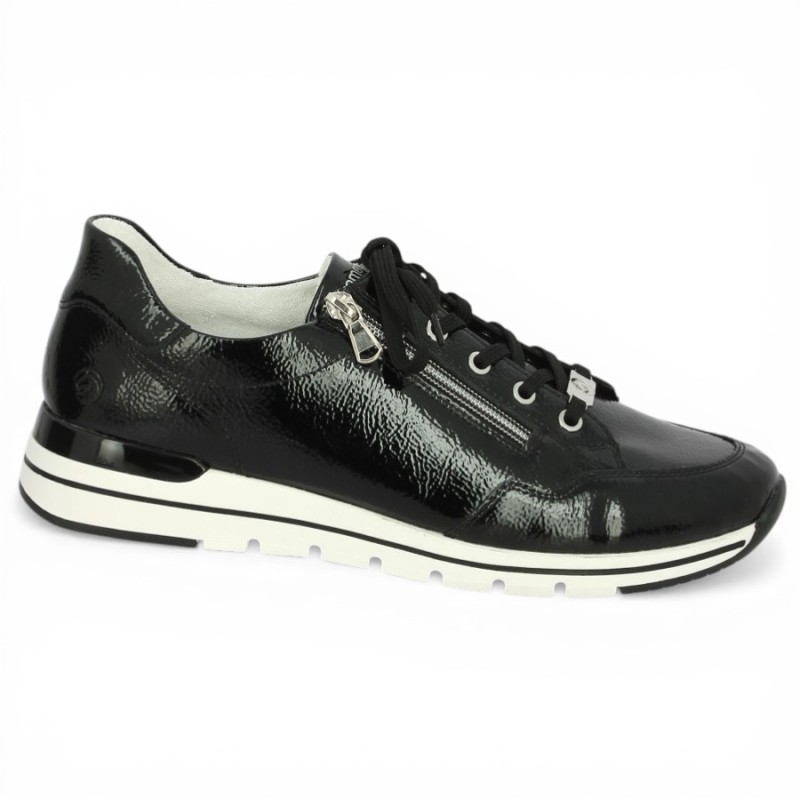 R6716-02 Baskets Remonte vernis noir grande taille femme Shoesissime, vue coté