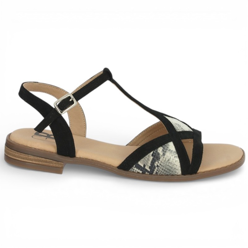 Sandale plate femme noir et serpent Géo Reino grande pointure femme Shoesissime, vue profil