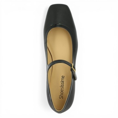 Amara - Black leather and patent ballerina with strap - Babies noires grande taille - Shoesissime