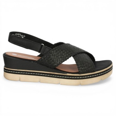 D2L59-02 Sandale talon compensé Remonte noir tressé grande pointure Shoesissime, vue coté