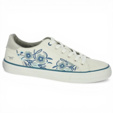 Flower - White and blue flowery synthetic sneakers - Mustang large size sneakers - Shoesissime