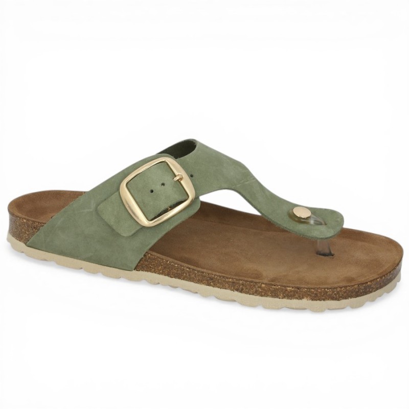 mule entredoigts vert kaki boucle dorée 42, 43, 44, 45 femme Shoesissime, vue profil