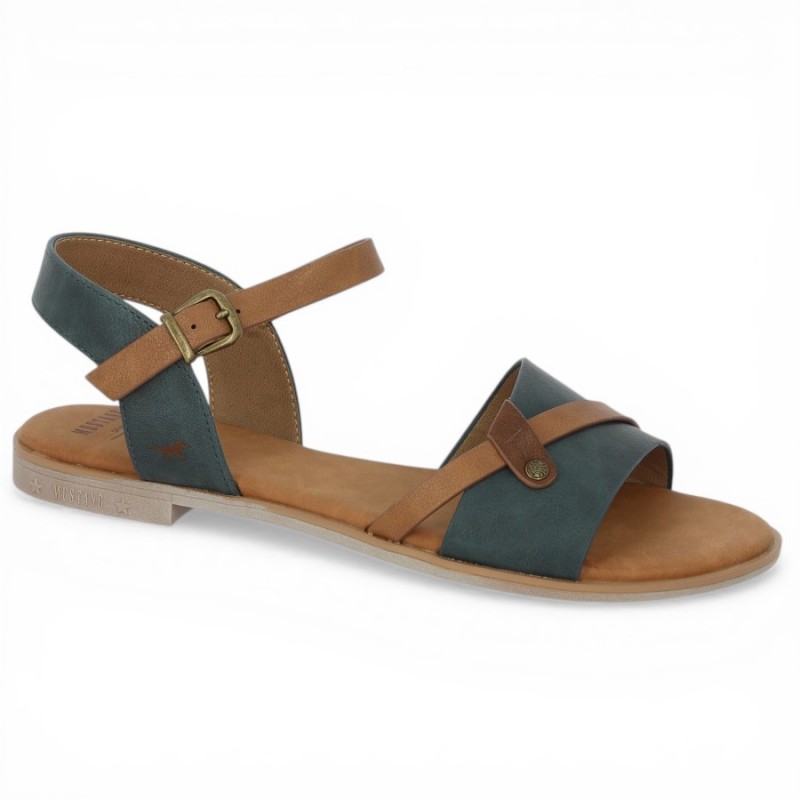 Nu-pieds bleu et camel Mustang femme 42, 43, 44, 45 Shoesissime, vue profil