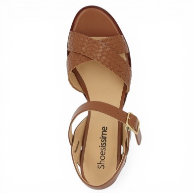sandale à talon tressé cuir camel grande pointure femme Shoesissime, vue dessus