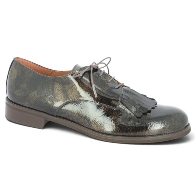 Derby femme vernis marron patte frangée 42, 43, 44, 45 Shoesissime, vue profil