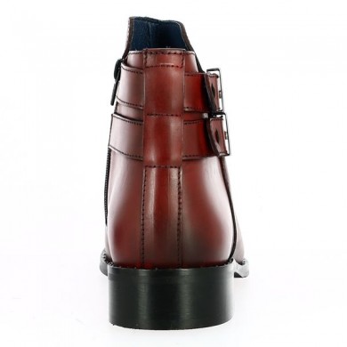 Bottine bordeaux tout cuir, semelle cloutée et brides à la cheville