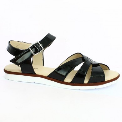 Flat black glossy sandal, profile view