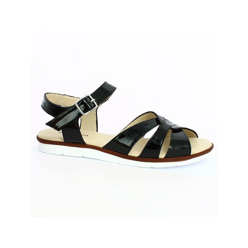 Flat black glossy sandal, profile view