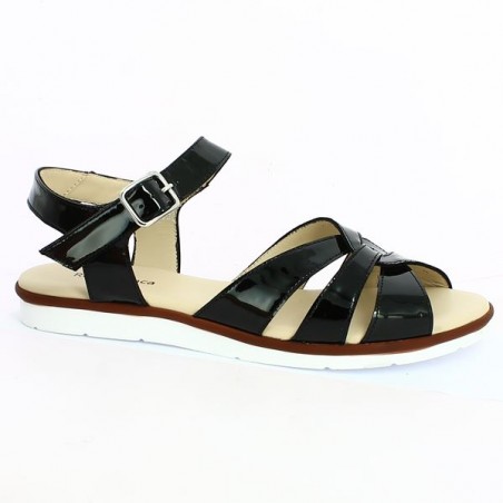 Flat black glossy sandal, profile view Flat black glossy sandal, profile view