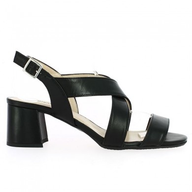Black sandal with crossed straps, side view