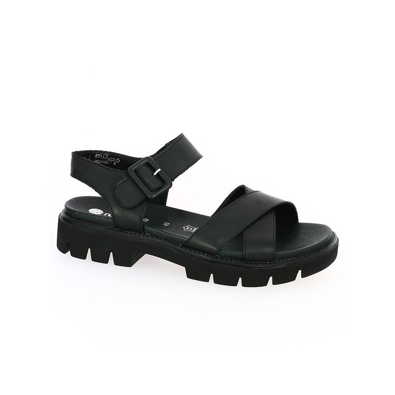 Shoesissime black thick notched sole sandal, profile view