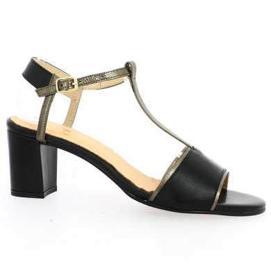 Black and bronze 7 cm heel sandal, large size, side view