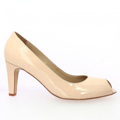 pink patent pump with open toe, large size, side view