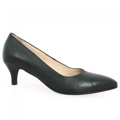 Black small heel shoe, large size, profile view