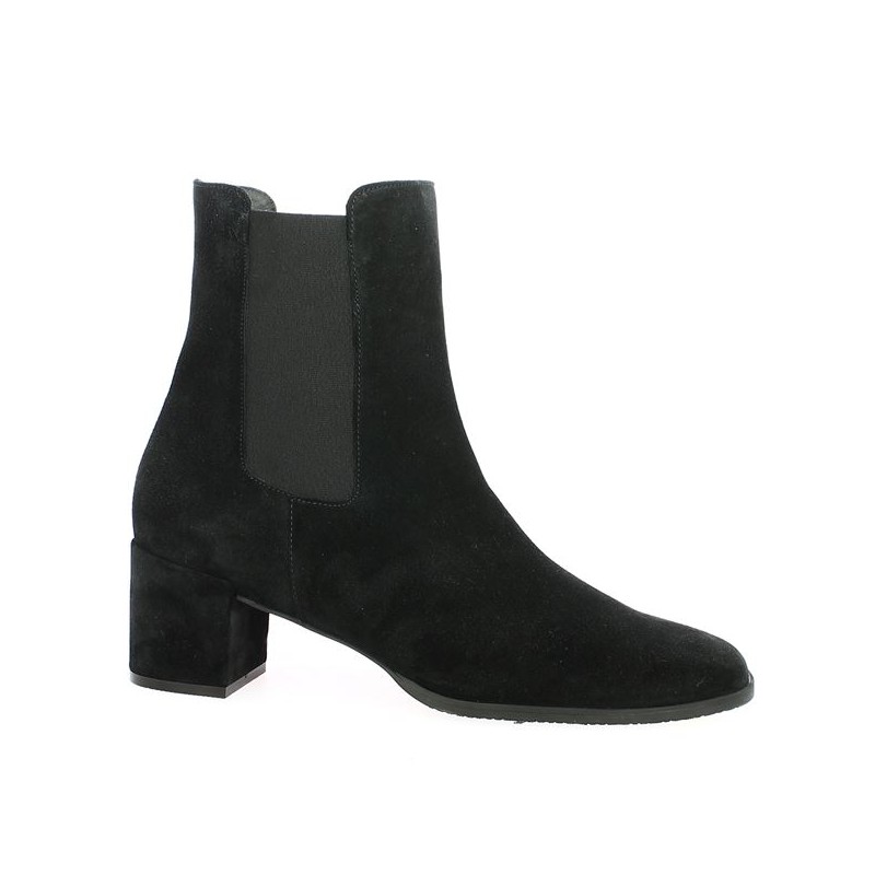 small black nubuck heel boots, profile view