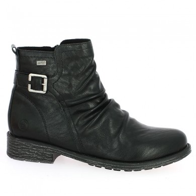 Black boots with draped buckle, large size, profile view