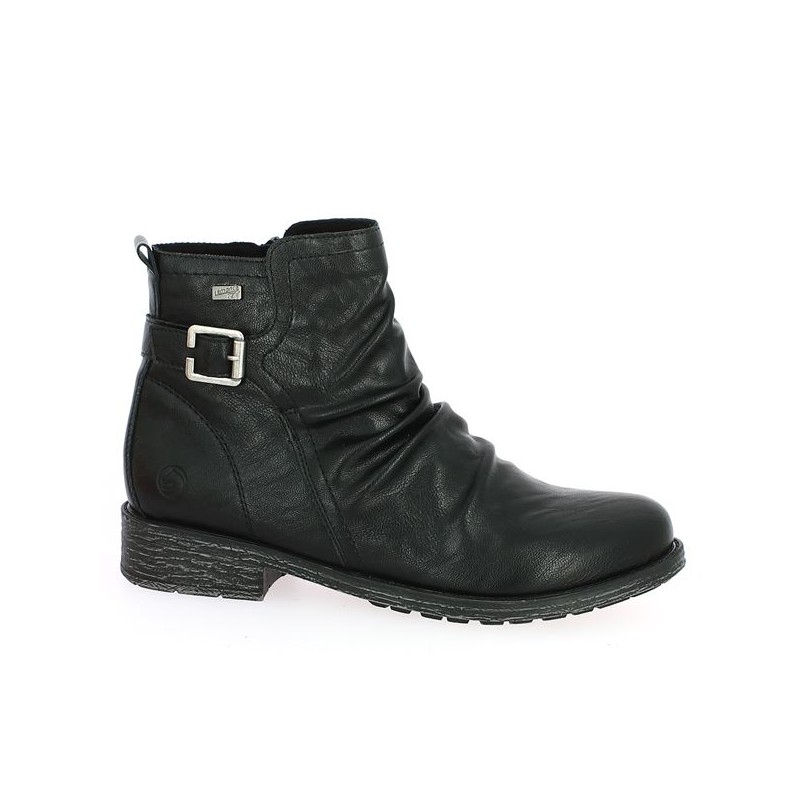 Black boots with draped buckle, large size, profile view